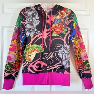 Rare Y2K ED HARDY Hollywood Tattoo Skull Mermaid Hoodie Small